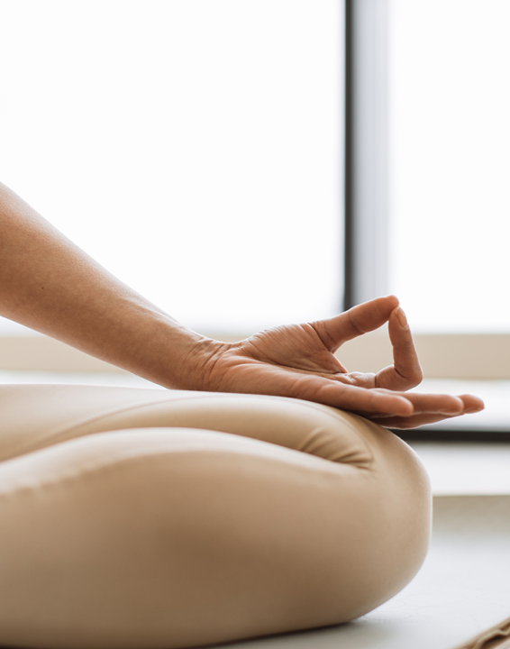 Ragazza che pratica esercizio di mudra yoga con le mani